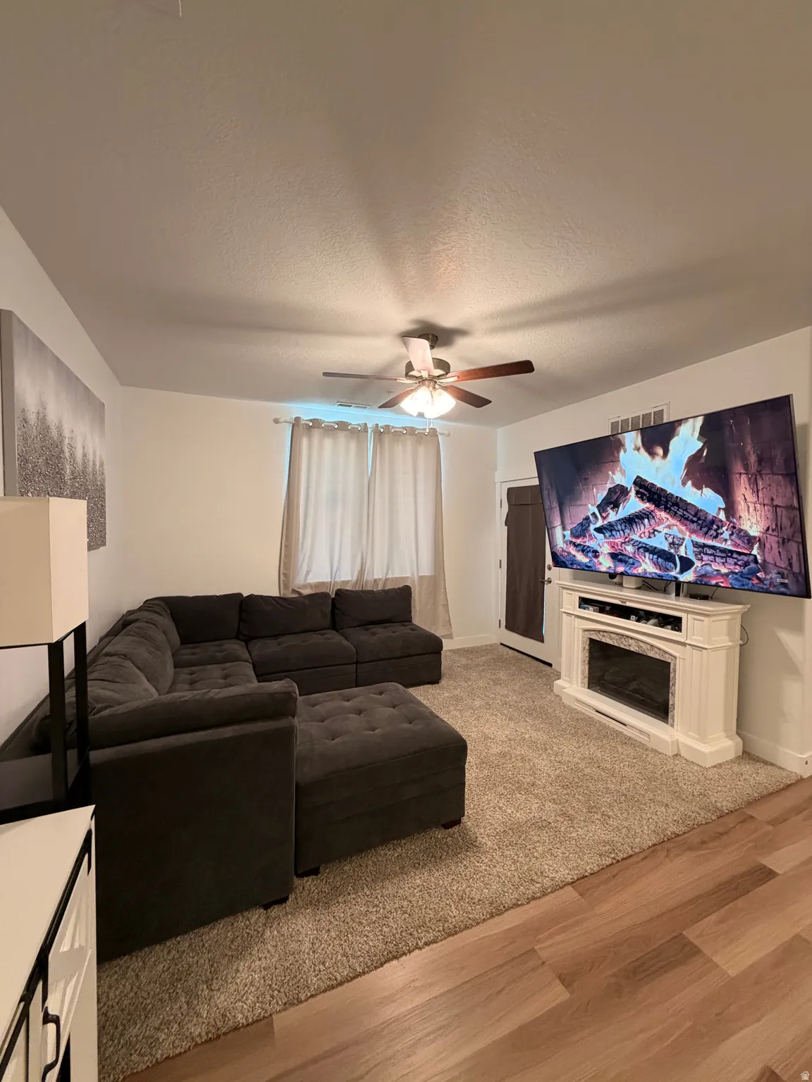 Living area featuring a ceiling fan, light-toned window treatments, and an electric fireplace unit
