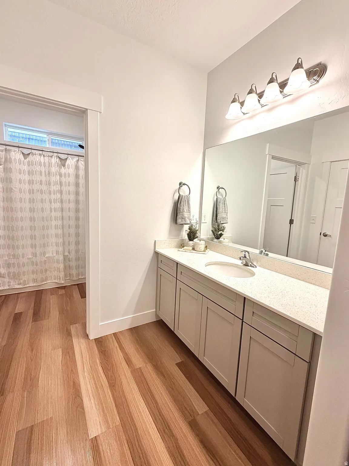 Bathroom featuring a light-colored vanity with a single basin, a large mirror, and wood-finish flooring