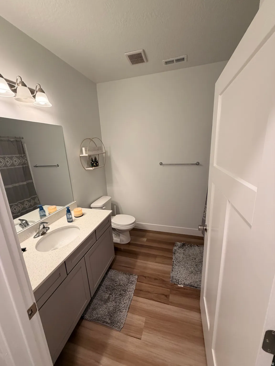 Contemporary bathroom featuring wood-finish flooring and light gray walls