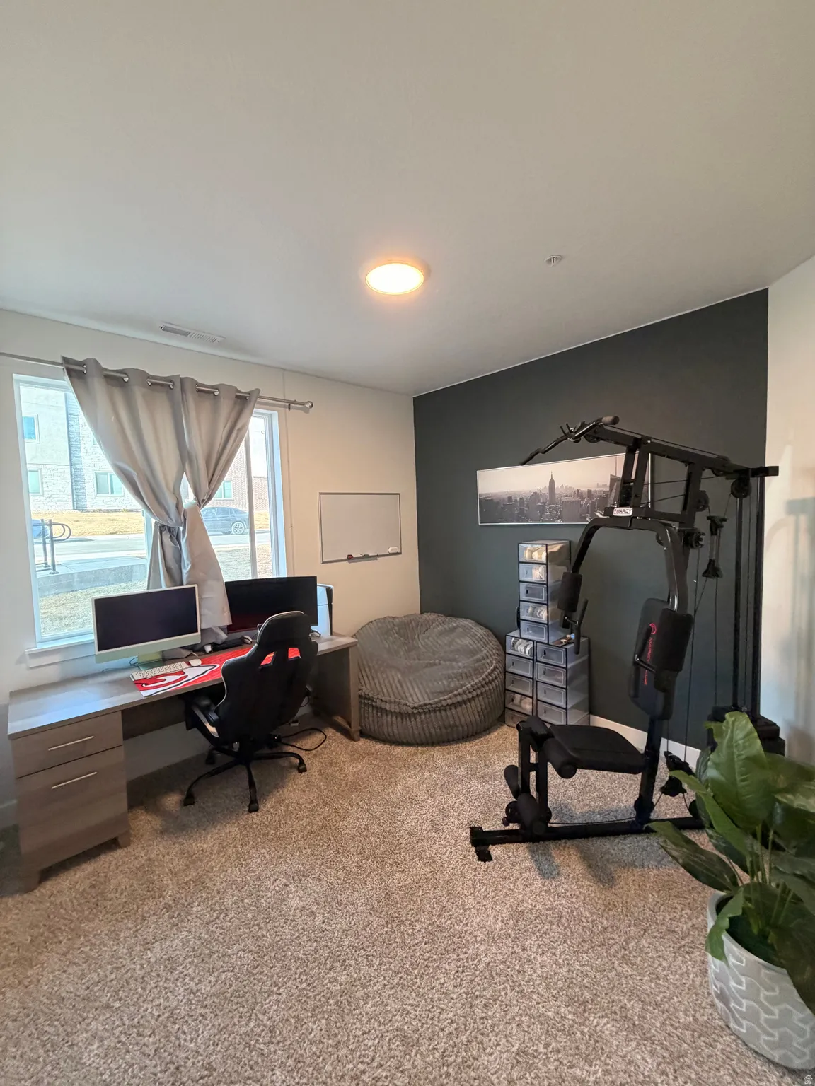 Carpeted room featuring a single window with curtains, a flush-mount ceiling light, and a contrasting accent wall