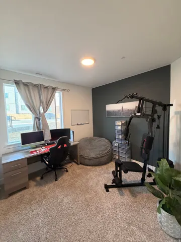 Carpeted room featuring a single window with curtains, a flush-mount ceiling light, and a contrasting accent wall