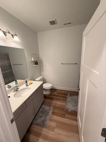 Contemporary bathroom featuring wood-finish flooring and light gray walls