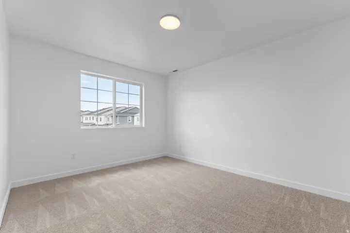 Carpeted room featuring a multi-pane window, white walls, white trim, and a flush-mount ceiling light fixture