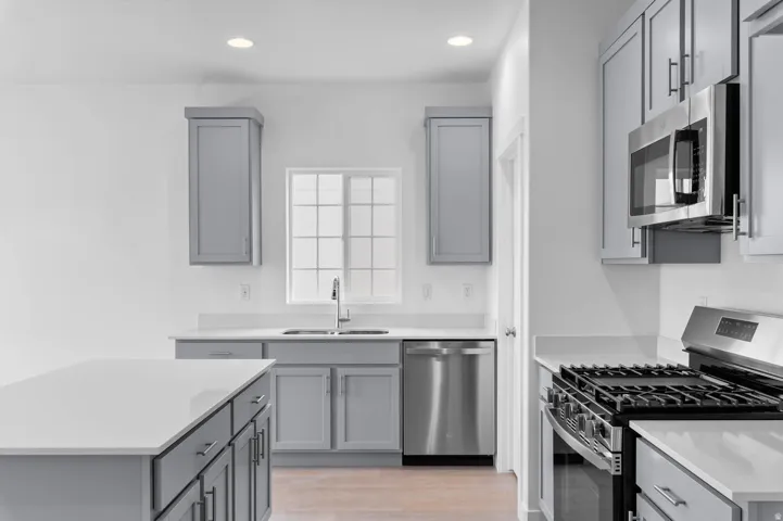 Modern kitchen featuring light gray cabinetry and white countertops
