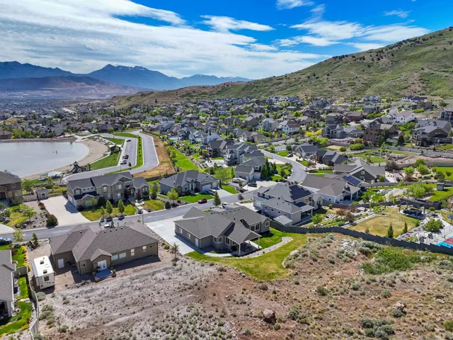 Aerial perspective showcasing a residential community with varied architectural styles