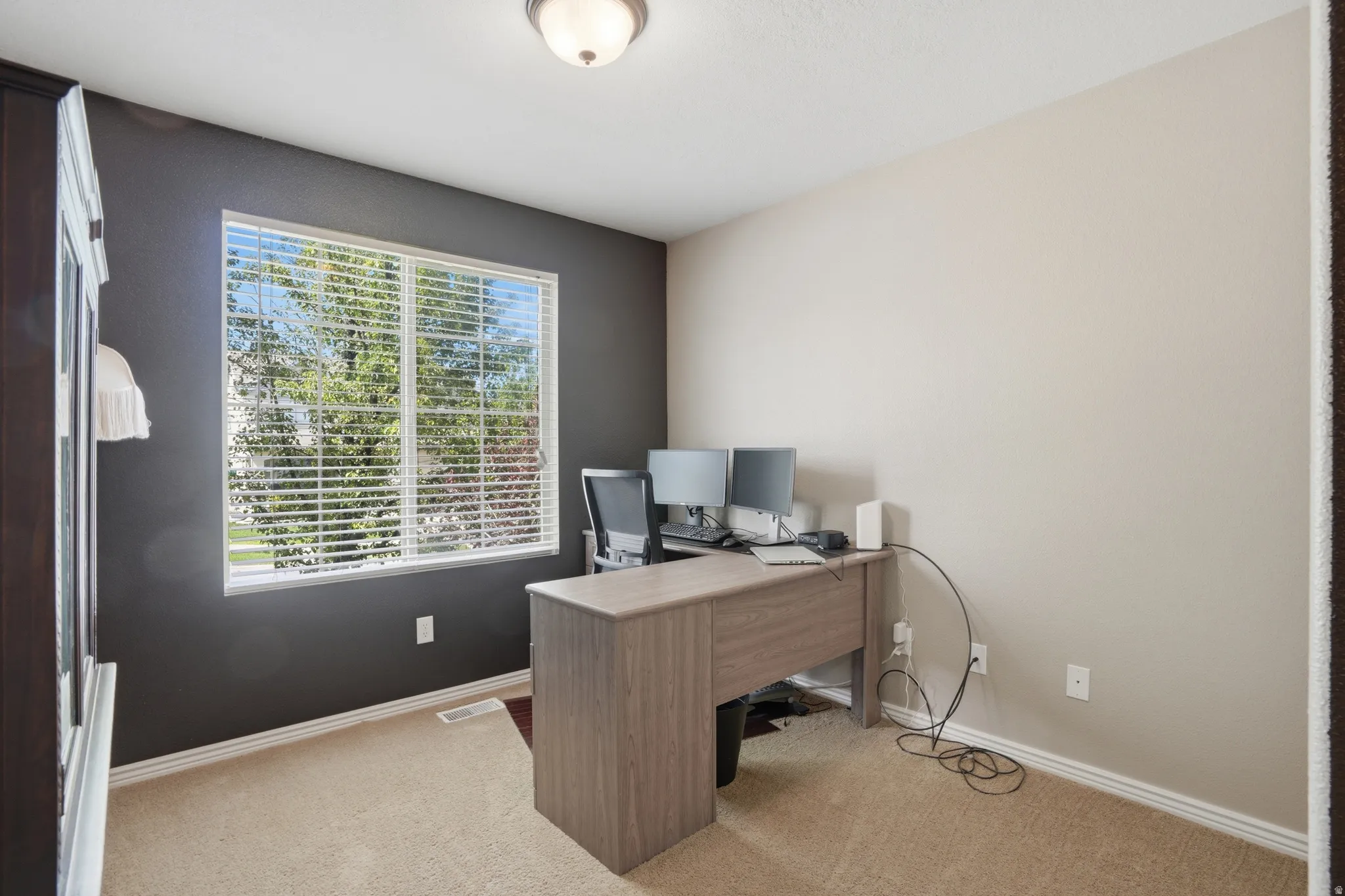 Bright room featuring a large window with horizontal blinds, carpet flooring, and a ceiling-mounted light fixture