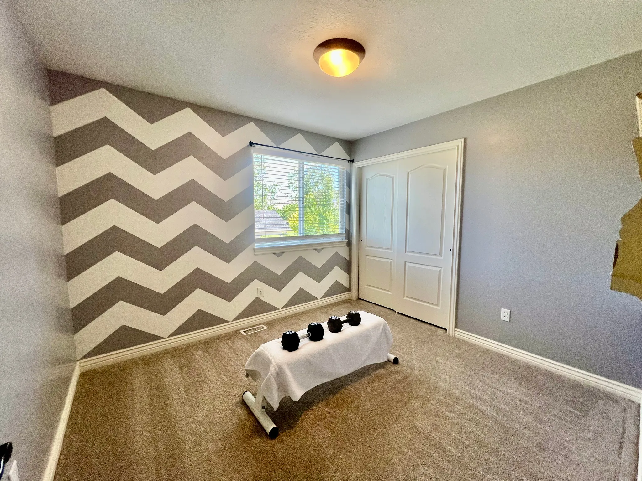 Carpeted room featuring a chevron accent wall, white trim, a double-door closet, and a single window with blinds