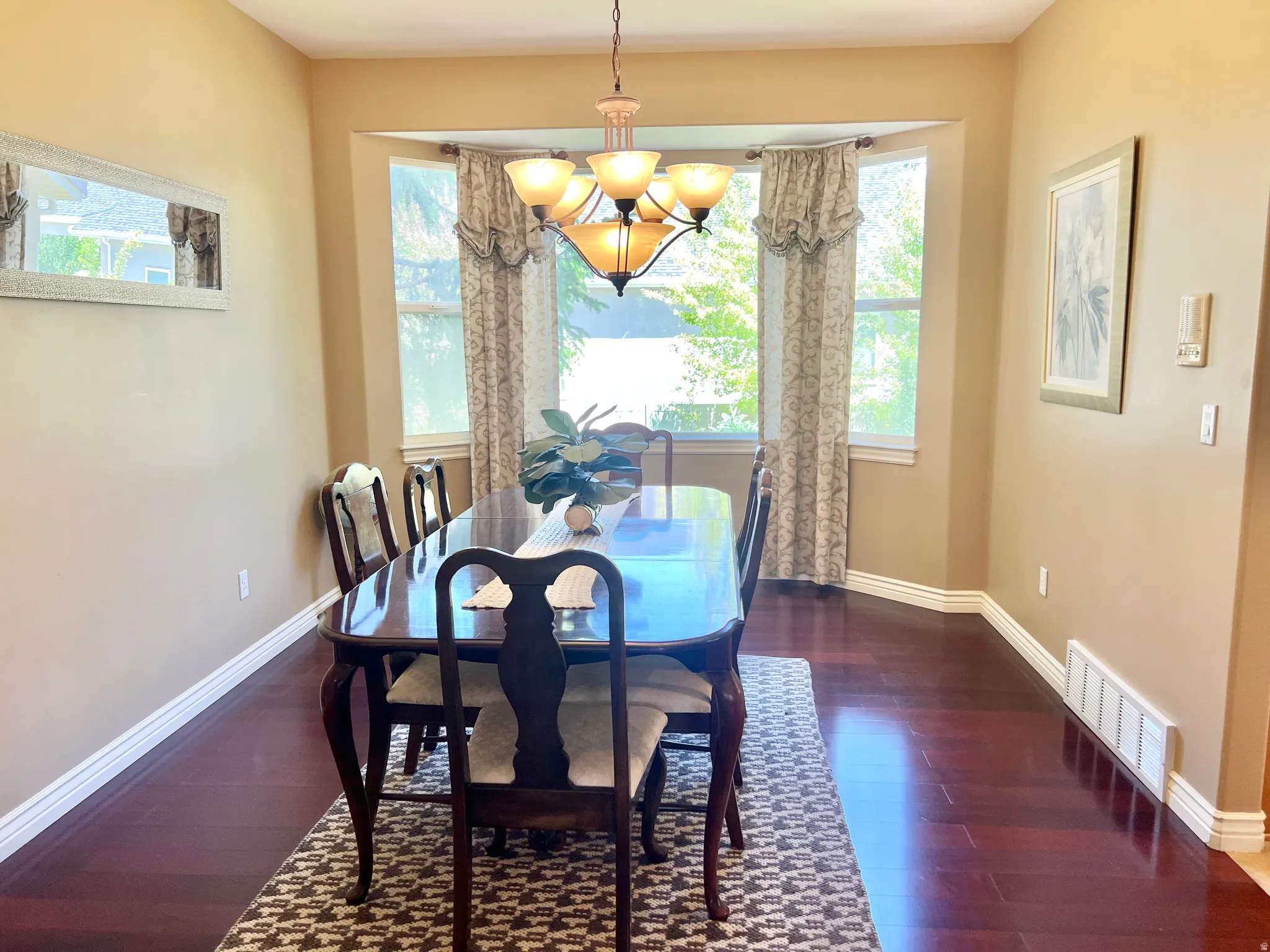 Bay window with a decorative valance and curtains