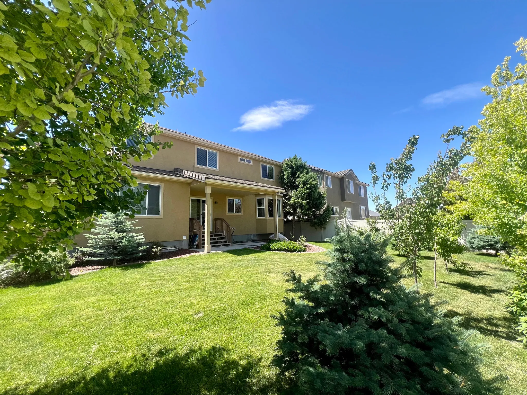 Expansive rear yard featuring a manicured lawn, established landscaping, and mature trees