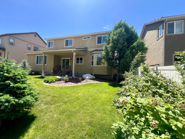 Spacious backyard featuring a covered patio, manicured lawn, established shrubs, mature trees, and a stucco exterior with multiple windows