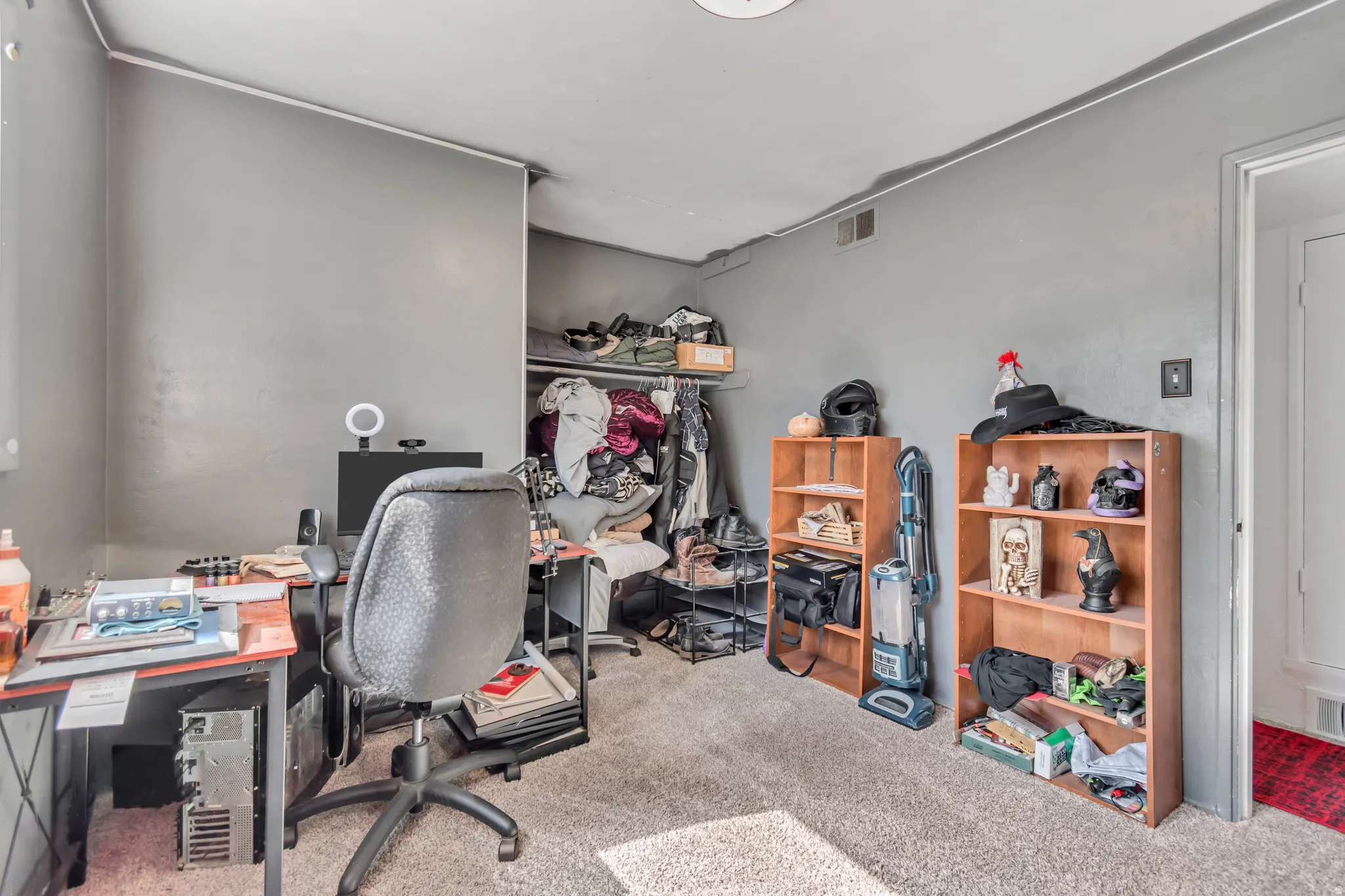 Carpeted room featuring a built-in closet, painted walls, and ceiling-mounted lighting