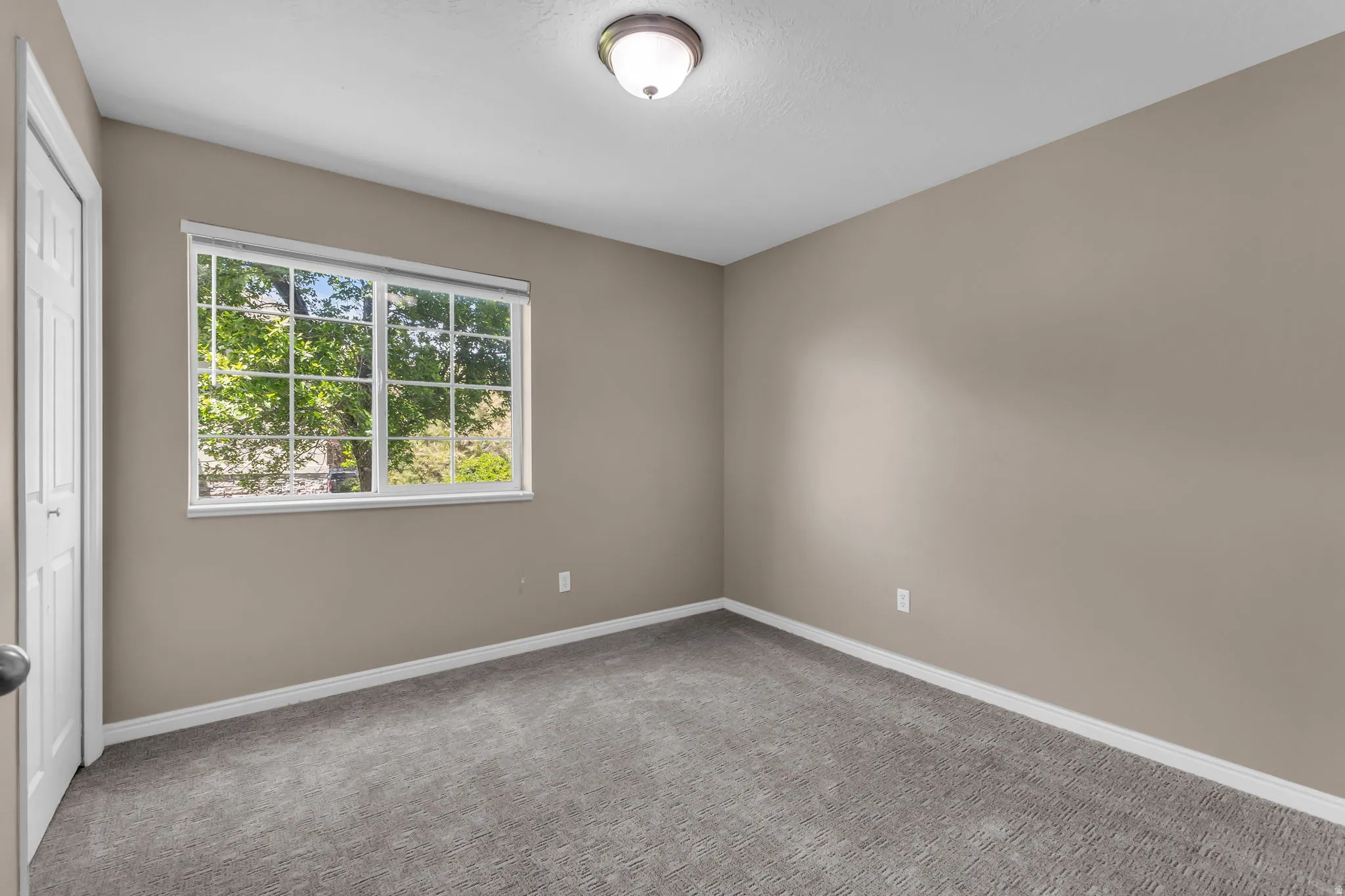 Room featuring neutral wall tones, gray carpet flooring, a large window with white trim, and a flush mount ceiling light