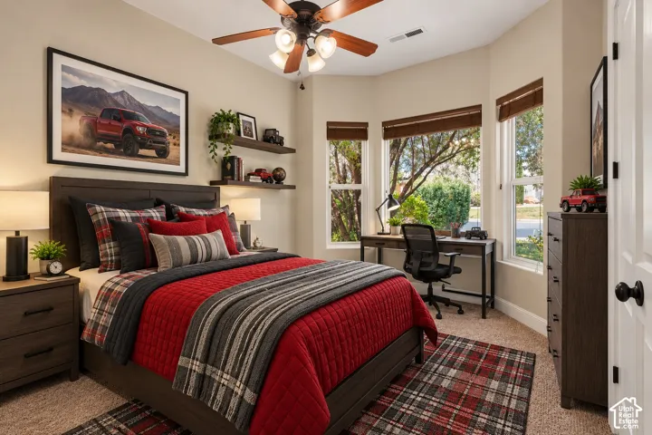 Bedroom featuring a bay window with wood-finish blinds, wall-mounted wood-finish floating shelving, and a ceiling fan with integrated light fixture