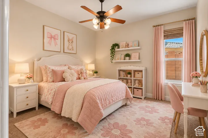 Bedroom featuring carpeted flooring, a ceiling fan with integrated lighting, a single-hung window, and two wall-mounted floating shelves