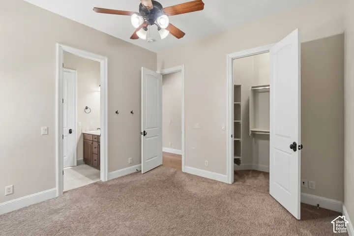 Neutral tone carpeting, a ceiling fan with integrated lighting, and a walk-in closet with shelving and hanging rods