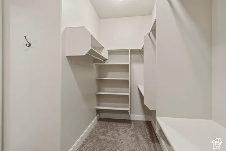 Walk-in closet featuring built-in shelving, hanging rods, an integrated bench, and carpet flooring
