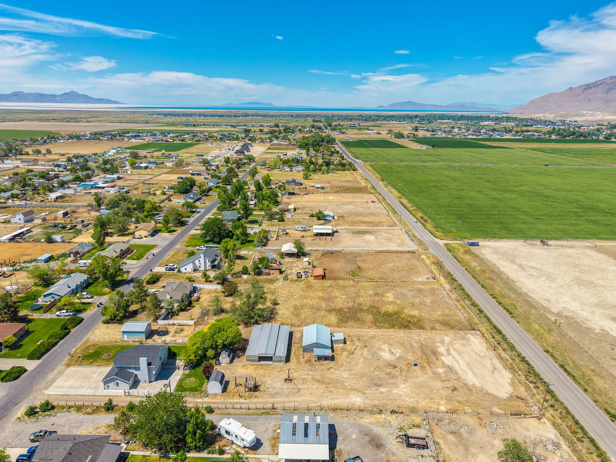 Aerial perspective showcasing a residential area with varied lot sizes