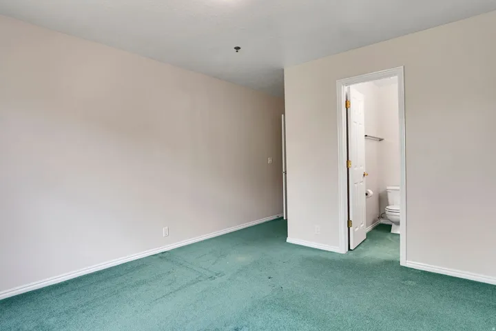 Spacious room featuring light-colored walls and green carpeting