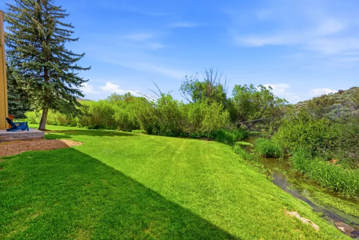 Expansive green lawn bordering a natural water feature with lush riparian vegetation
