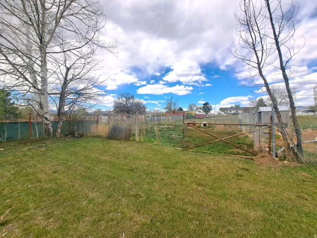 Grassed lawn area with mature trees and a chain-link fence