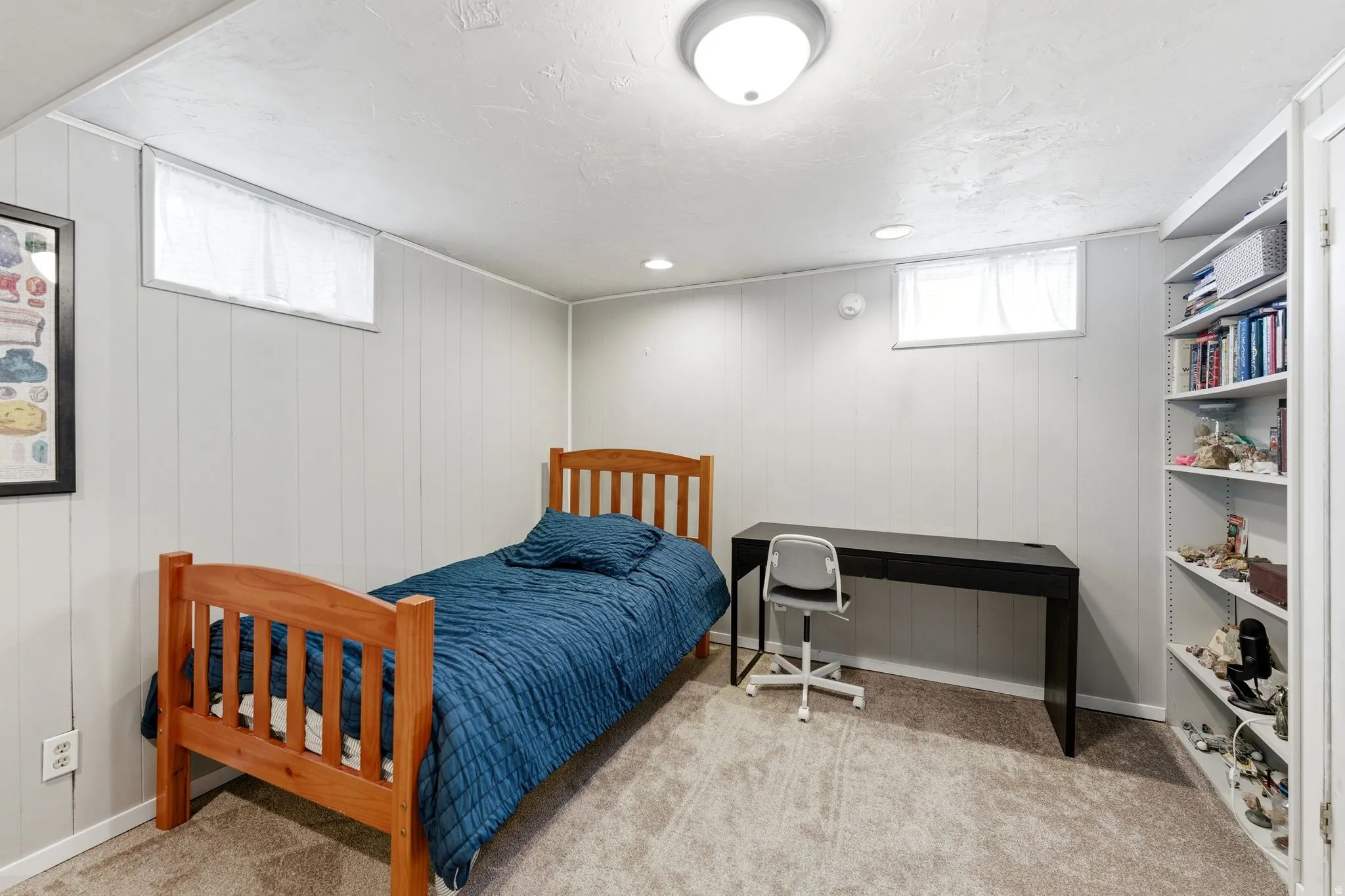 Light grey panel walls featuring a built-in shelving unit and carpeted flooring