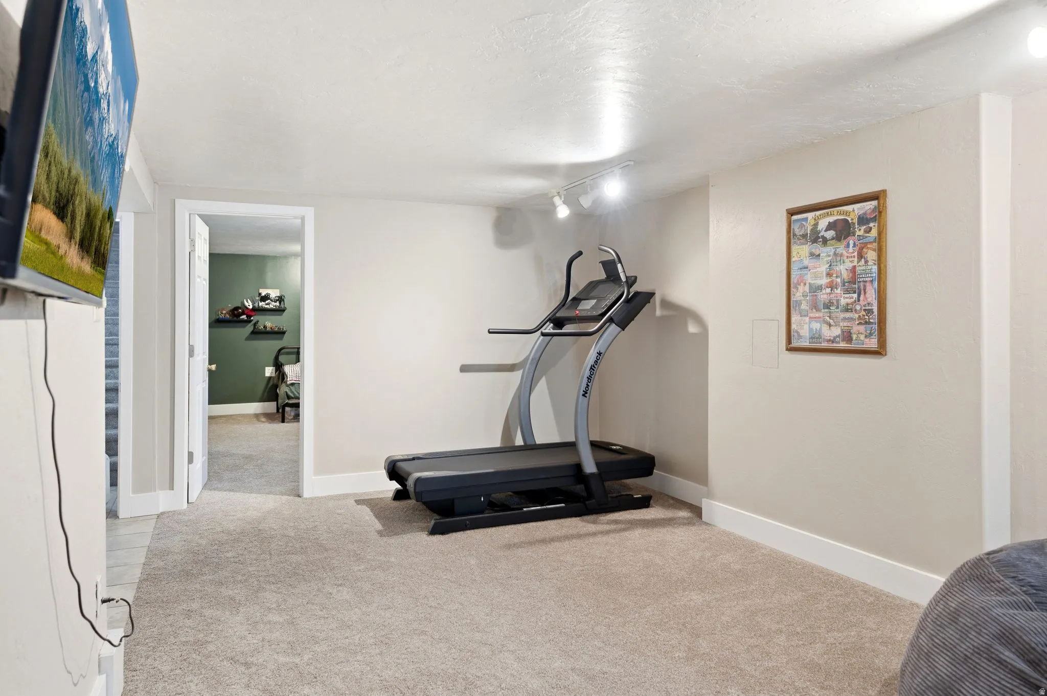 Carpeted room with recessed lighting and track lighting