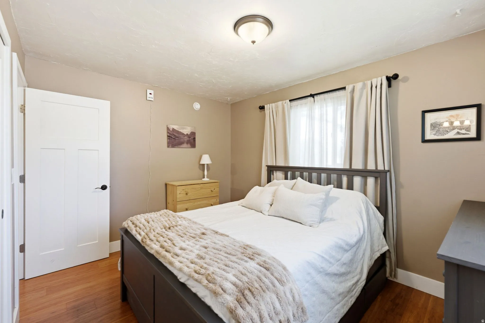 Interior room featuring wood-finish flooring, a white paneled door, neutral wall color, and a ceiling-mounted light fixture
