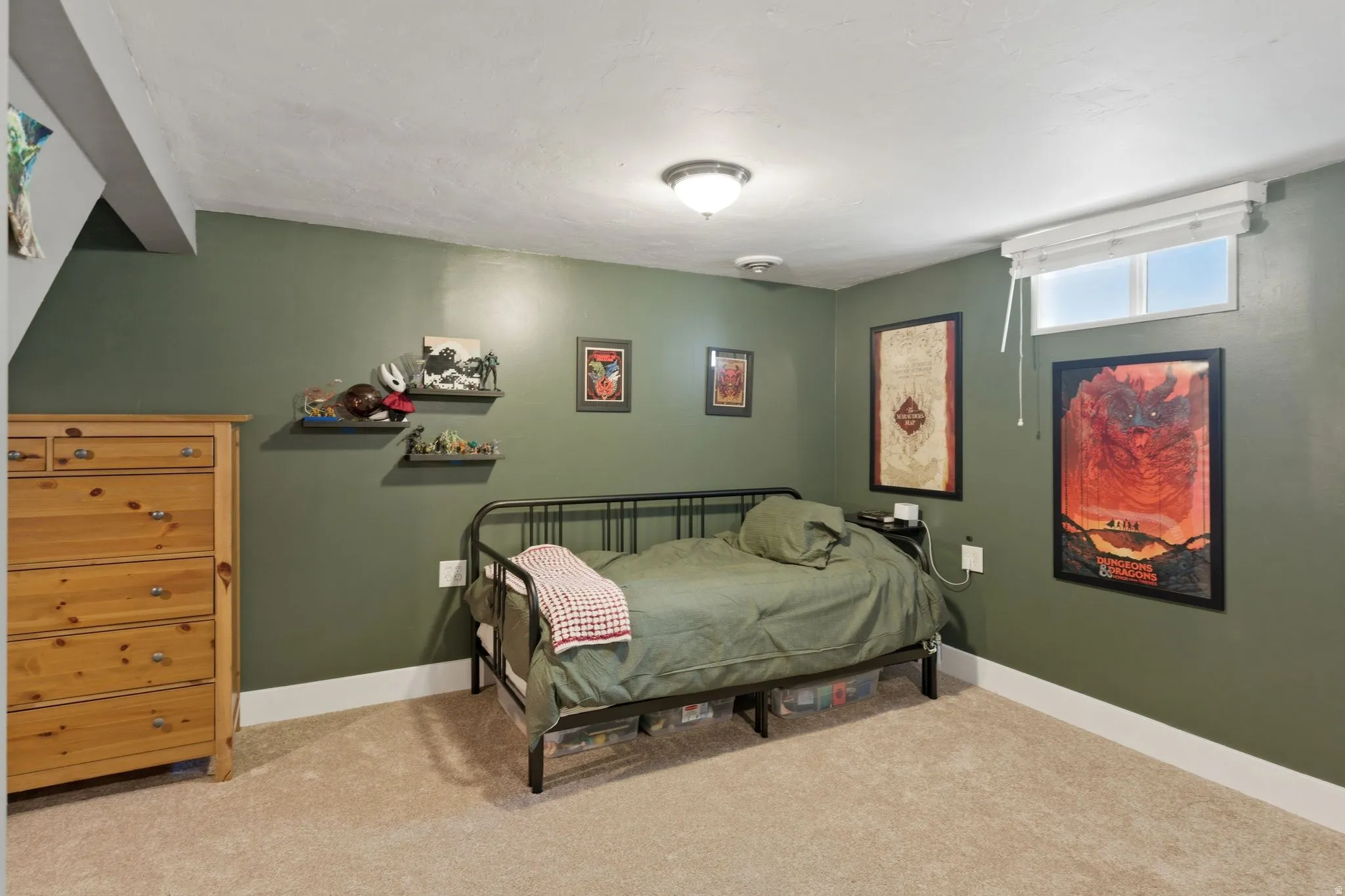 Carpeted room featuring a window with a white blind, recessed lighting, and a flush mount ceiling fixture