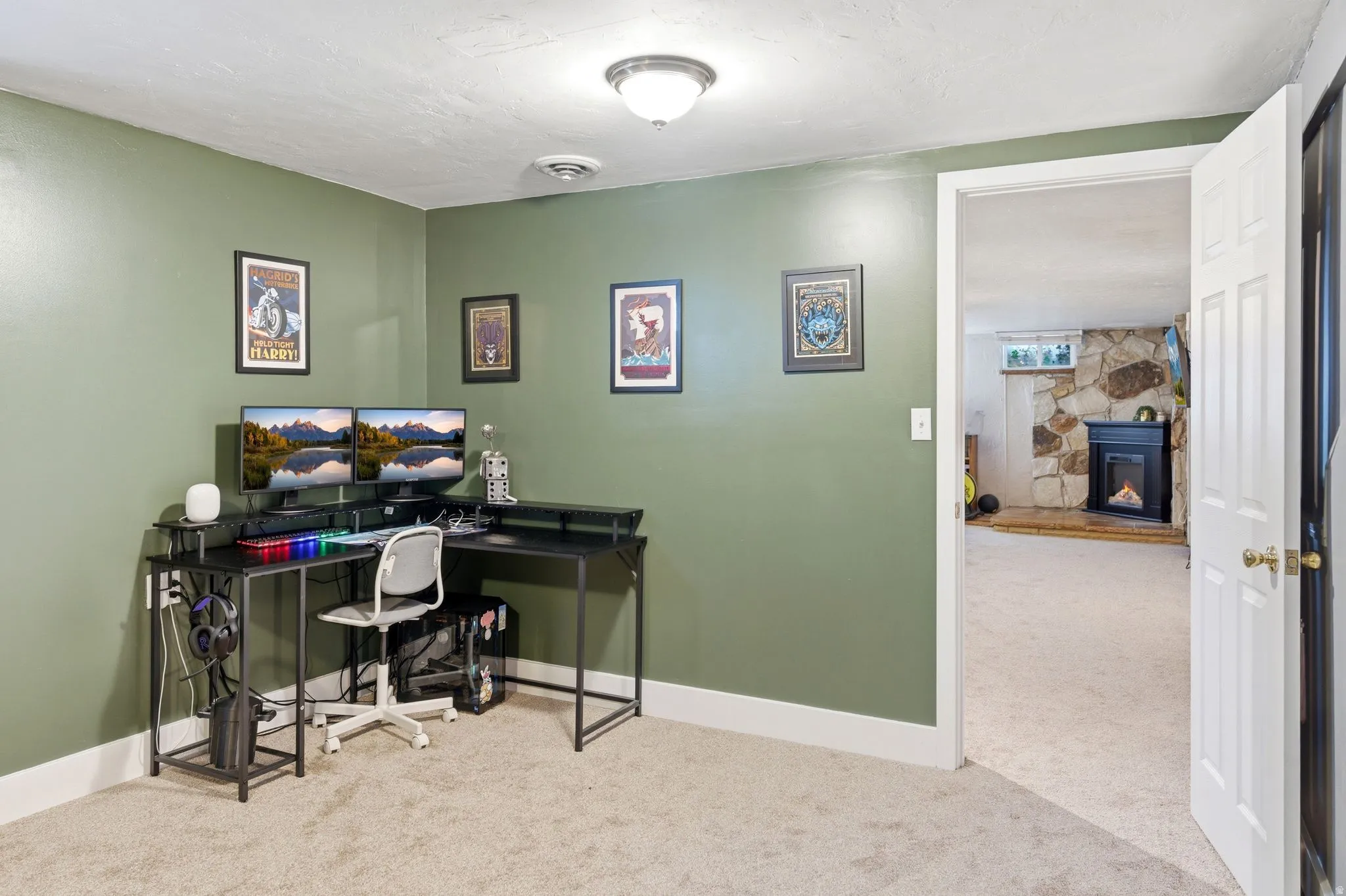 Carpeted room featuring olive green walls and white trim