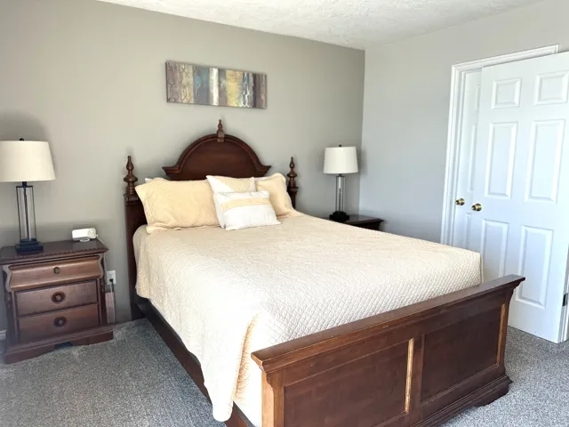 Gray wall paint featuring a two-panel door with brass hardware and gray carpet flooring