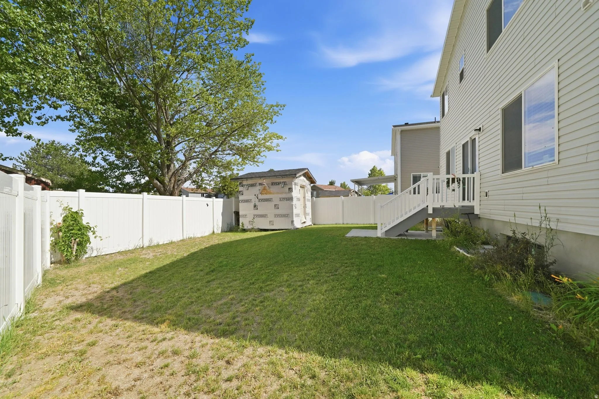 Expansive backyard featuring a manicured lawn, white vinyl fencing, a privacy tree, and an unfinished storage shed
