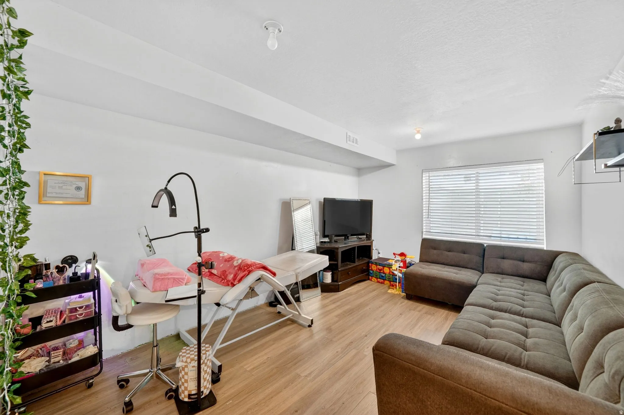 Spacious room with wood-finish flooring and white walls