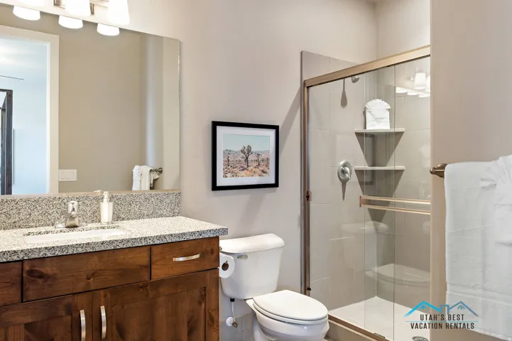 Bathroom featuring a dark wood-finish vanity with a granite countertop, a rectangular undermount sink, and a framed glass shower enclosure with built-in shelving