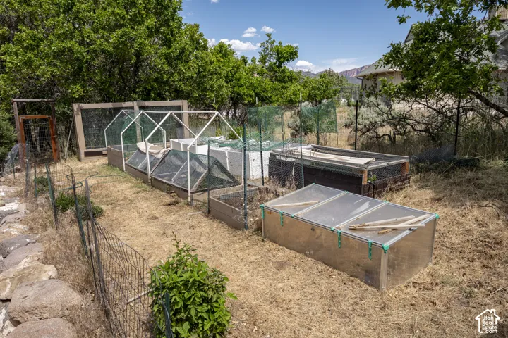 Expansive backyard featuring multiple raised garden beds, a cold frame, and protective mesh coverings