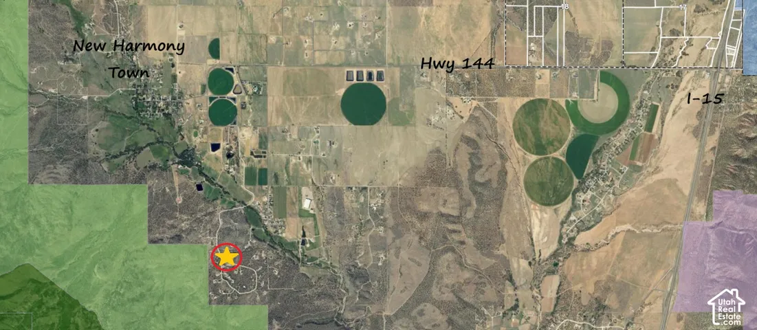 Location Map. Identifying the property's geographical position within New Harmony Town relative to Highway 144 and I-15