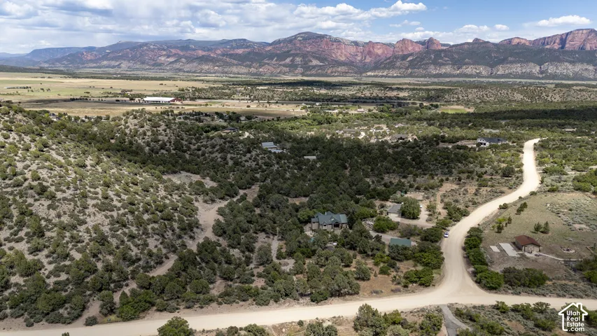 Expansive natural landscape featuring a winding unpaved road, scattered residences, and mature trees