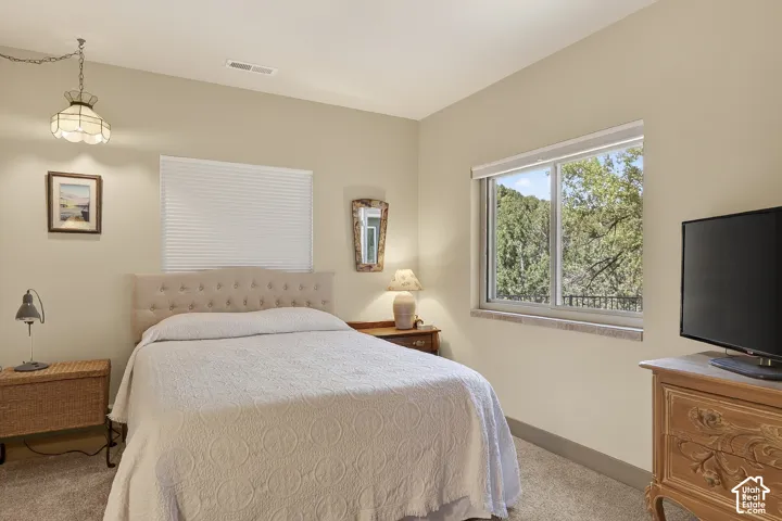 Carpeted room featuring a large window with white blinds and a natural tree-filled backdrop