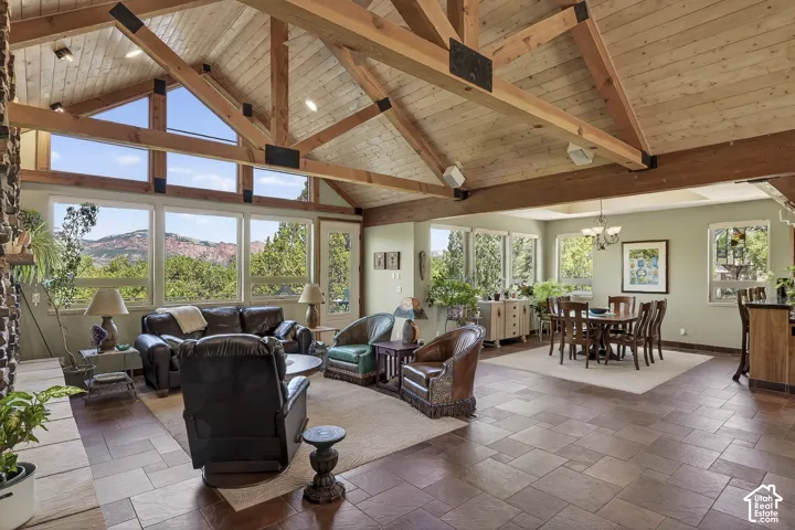 Vaulted ceiling with exposed wood beams and planking