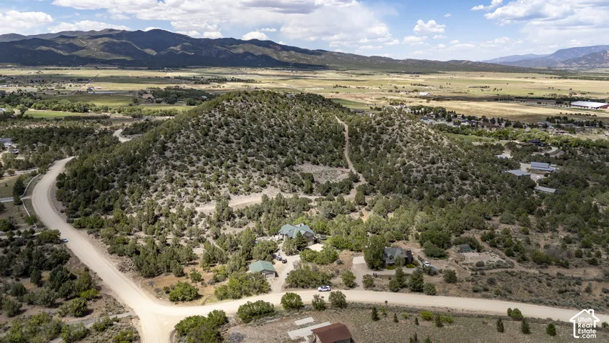 Expansive wooded acreage featuring a dominant central hill, surrounding residential structures, and established dirt roads