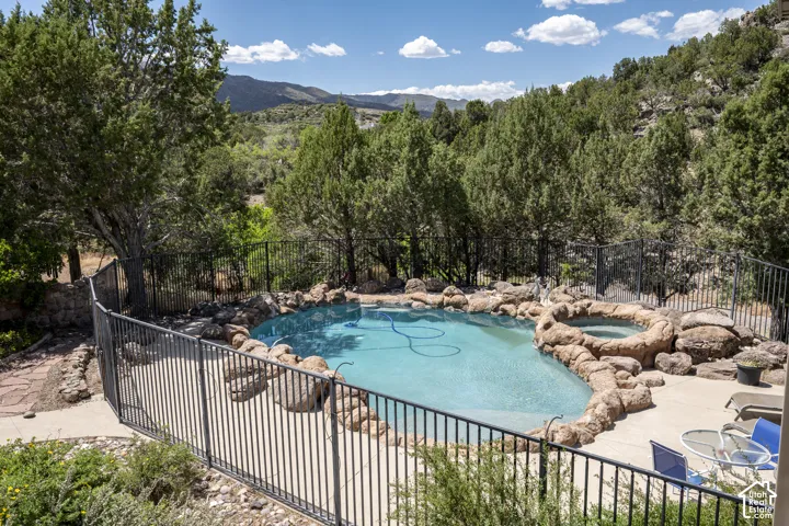 Fenced swimming pool featuring a rock-surround spa and concrete decking, bordered by mature trees and natural landscaping