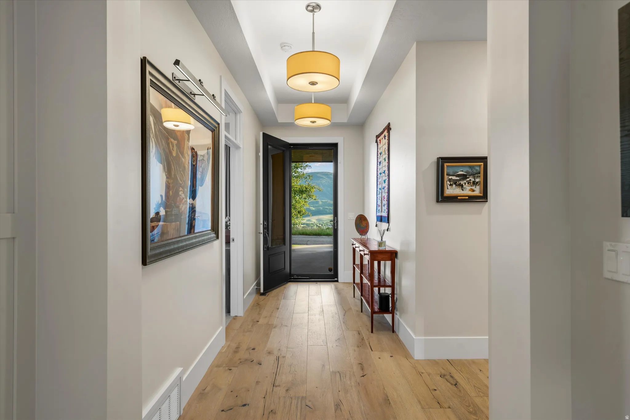 Entryway featuring wood-finish flooring, recessed ceiling with two drum pendant lights, and a dark-framed glass paneled door