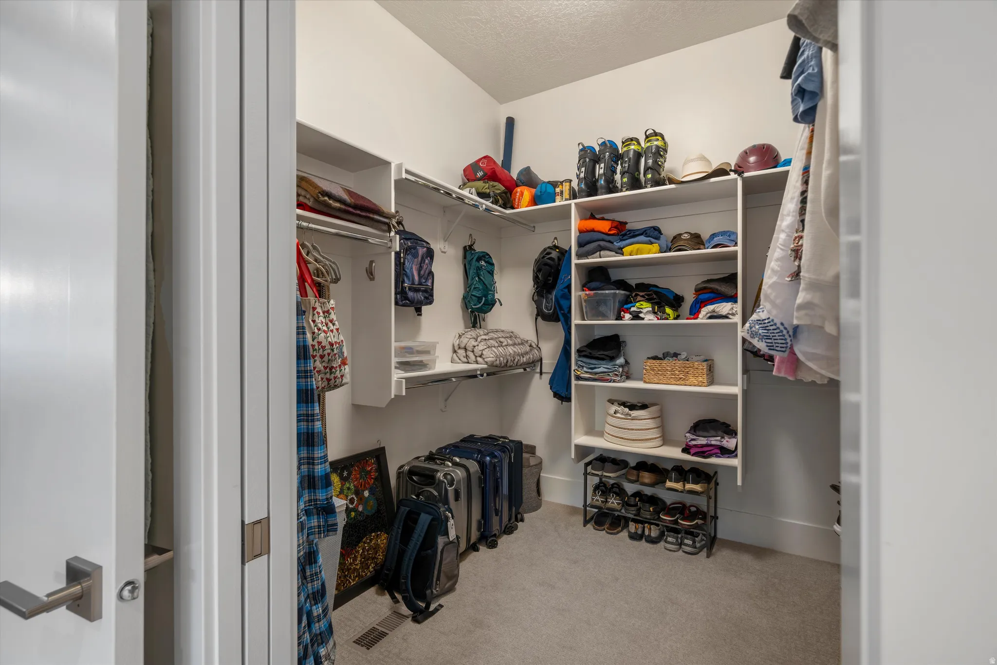 Walk-in closet featuring built-in shelving, hanging rods, and carpet flooring