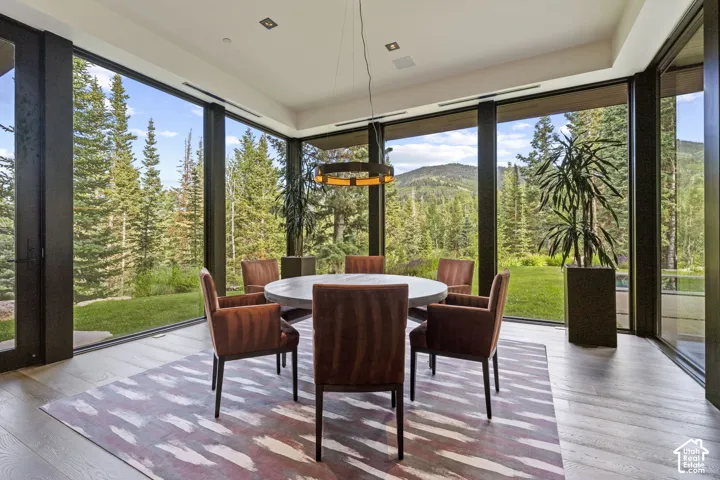 Dining area featuring a contemporary round table, wood-finish flooring, and a linear pendant light fixture
