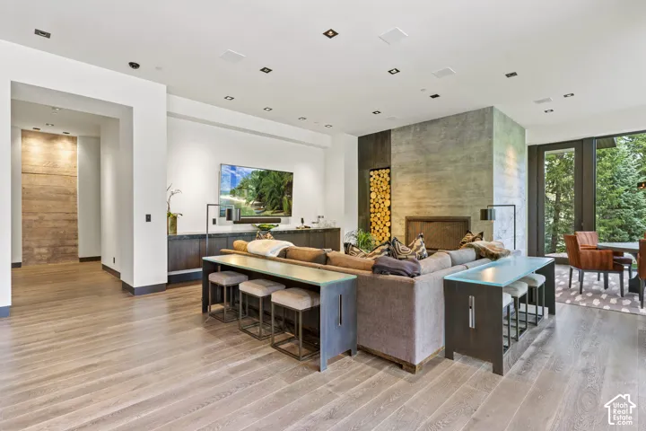 Spacious living area featuring light wood-finish flooring, a contemporary fireplace with a concrete surround, and a built-in wood storage niche