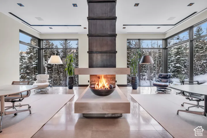 Central fireplace feature with an elevated hearth and integrated fire bowl