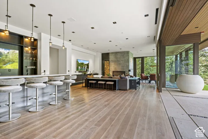 Open-concept interior featuring wood-finish flooring, a built-in bar with pendant lighting, a stone-clad fireplace, and expansive glass sliding doors