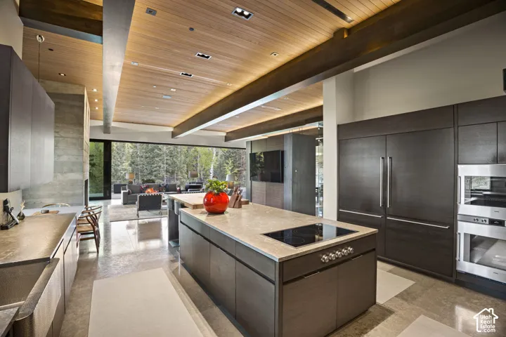 Modern kitchen featuring dark wood-finish cabinetry, integrated stainless steel appliances, a large center island with an induction cooktop, and light-toned countertops