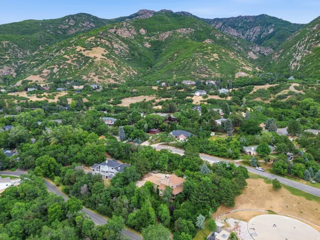 Aerial perspective showcasing a residential area nestled at the base of lush, green mountains