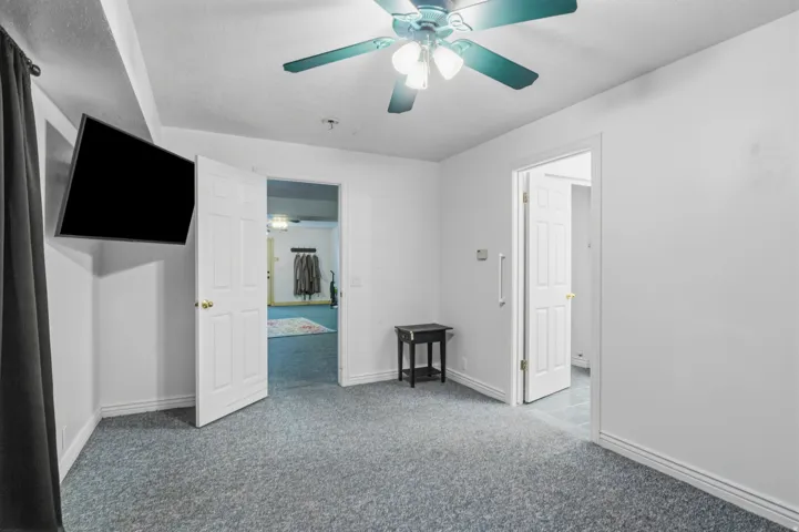 Carpeted room featuring a ceiling fan with integrated lighting, white walls, and two white paneled doors