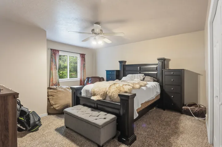 Carpeted room with neutral wall tones and a ceiling fan with integrated lighting